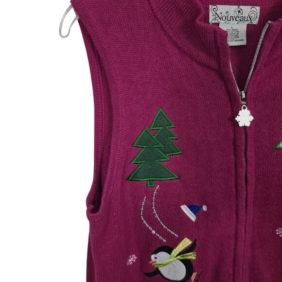 Nouveaux Red Ugly Christmas Sweater Vest Zip Up Holidays Christmas Trees L - Picture 5 of 14